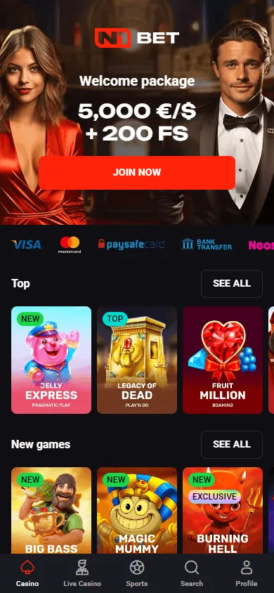 N1 Bet Casino home page on a mobile device