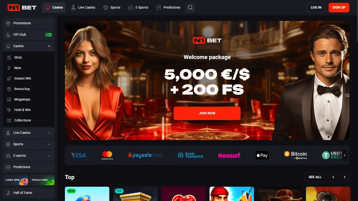 N1 Bet Casino home page on desktop