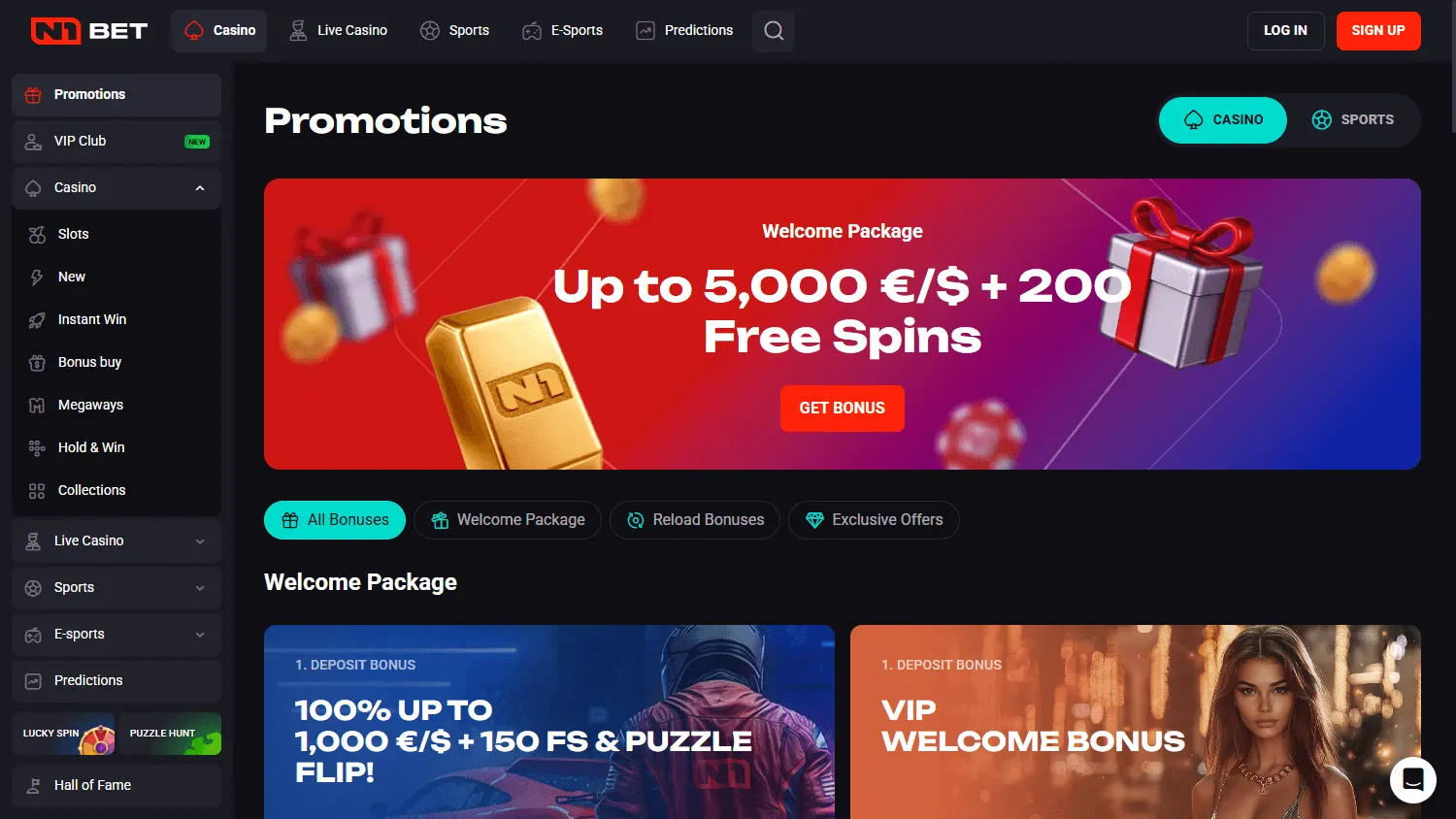 N1 Bet Casino promotions area on desktop